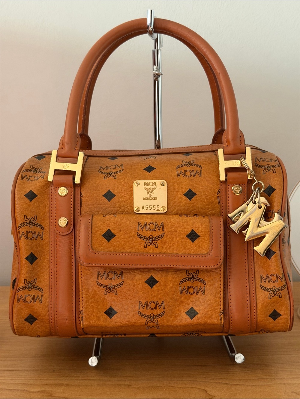 MCM Cognac Visetos Monogram Satchel with Gold Hardware